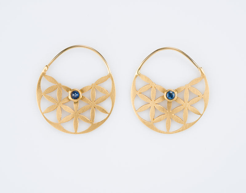 Seed of life gold hoop earrings with Sapphire ‏